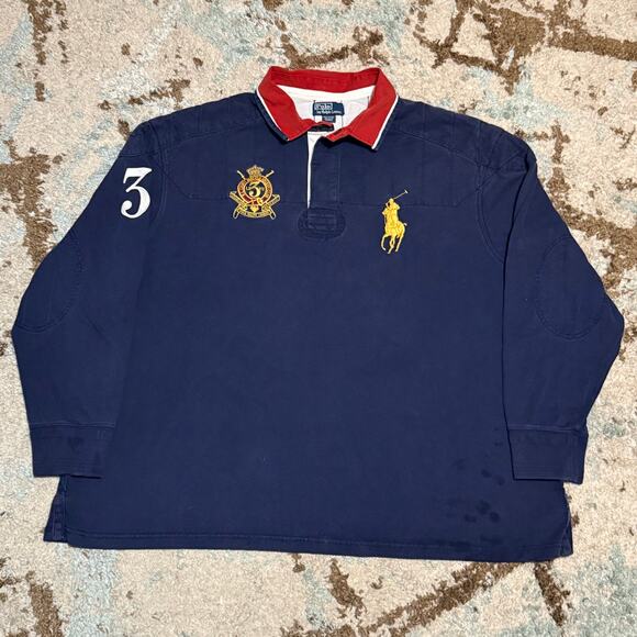 Vintage Polo Ralph Lauren Gold Crest Big Pony Rugby Shirt Size 2XL/3XL - Picture 1 of 9